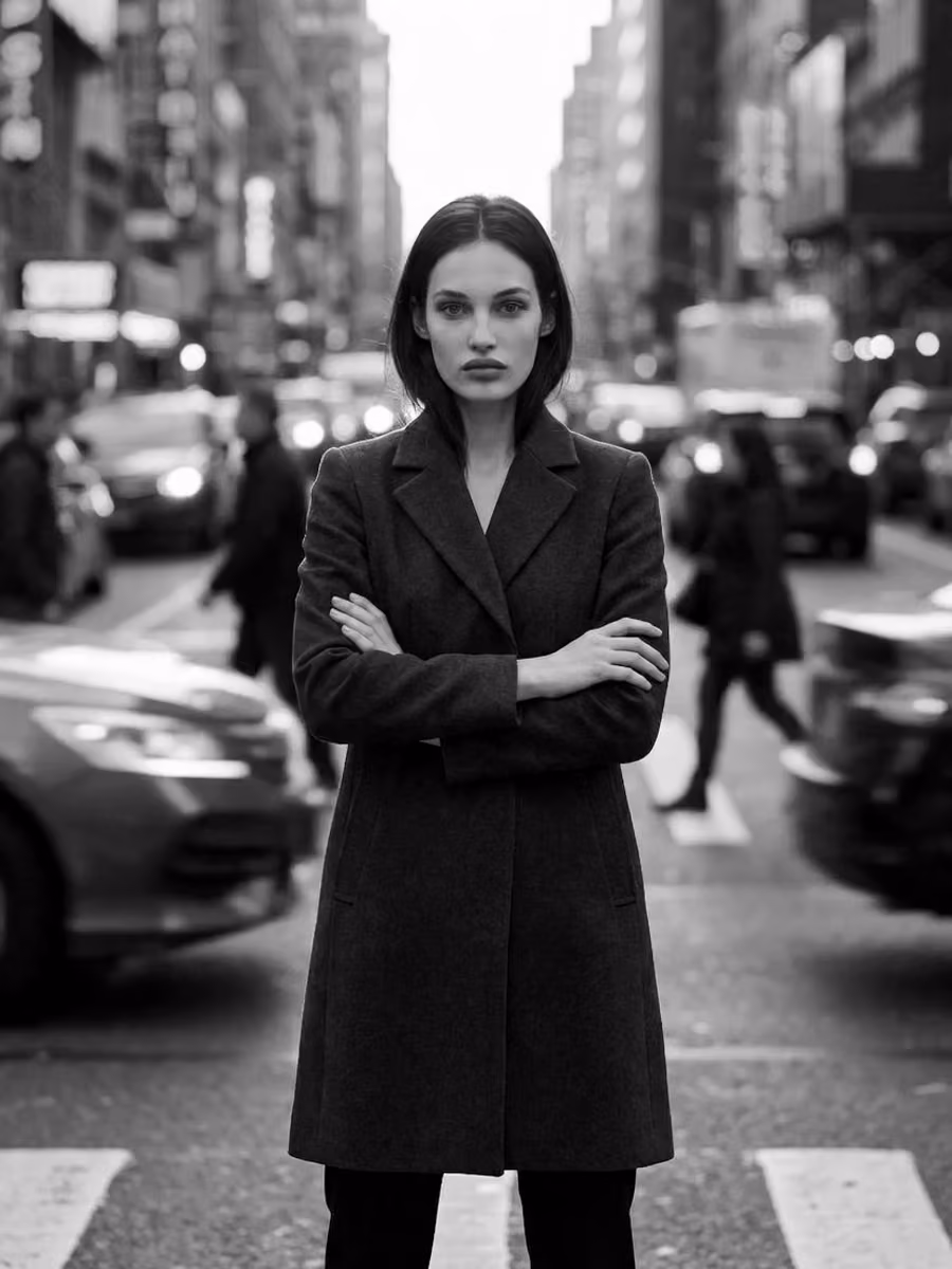 AI model standing still in a busy city street